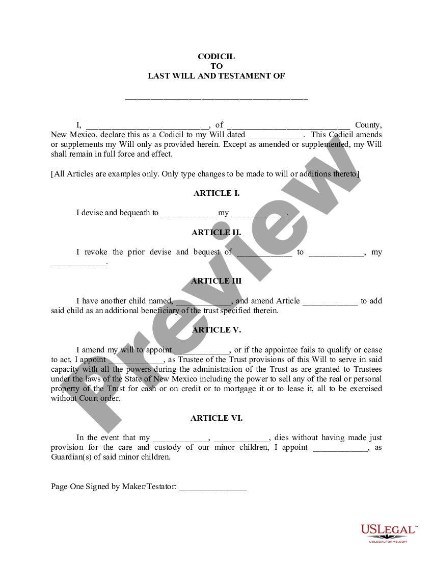 New Mexico Codicil to Will Form for Amending Your Will Last Will