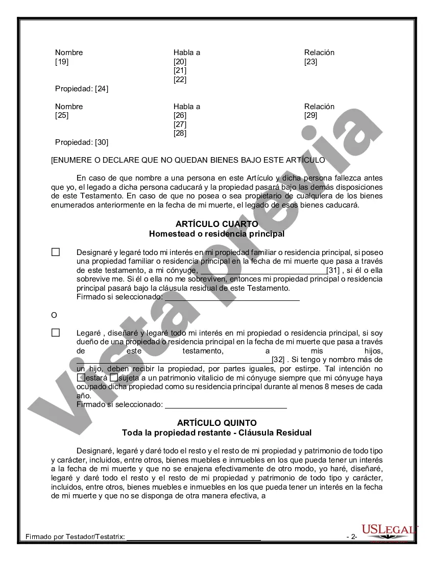 Preview Formulario Legal de Última Voluntad y Testamento para Persona Casada con Hijos Adultos y Menores de Matrimonio Anterior
