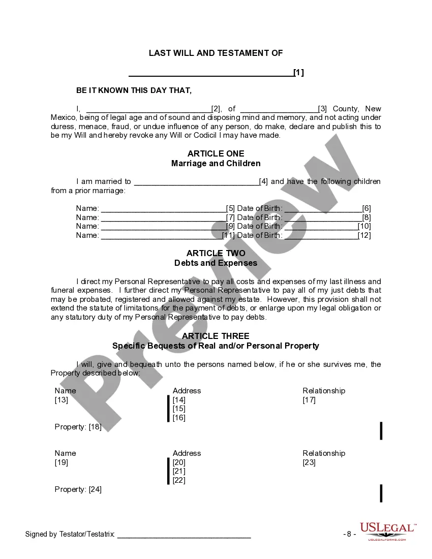 Preview Last Will and Testament for Married Person with Adult and Minor Children from Prior Marriage