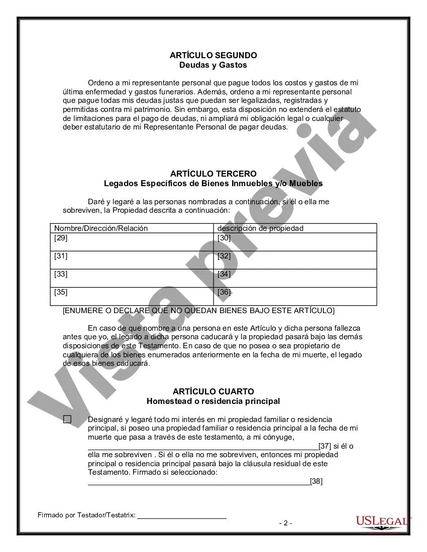 Preview Formulario Legal de Última Voluntad y Testamento para Persona Divorciada y Recasada con Hijos Míos, Tuyos y Nuestros