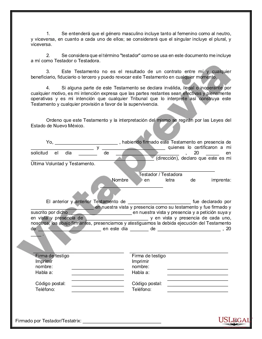 Preview Último testamento legal y formulario de testamento con todos los bienes en fideicomiso llamado testamento invertido