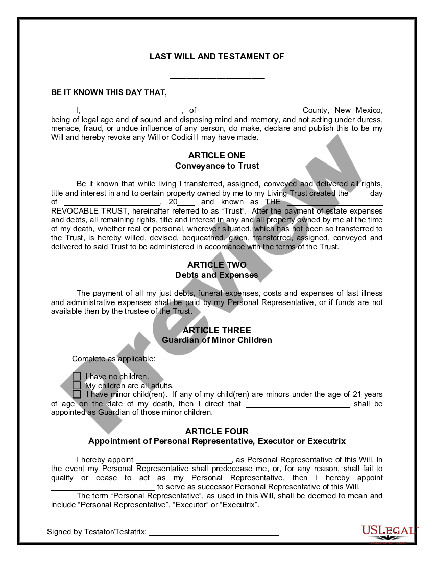 New Mexico Legal Last Will and Testament Form with All Property to