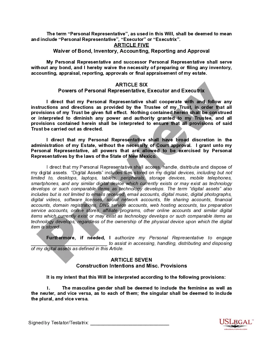 Preview Last Will and Testament with All Property to Trust called a Pour Over Will