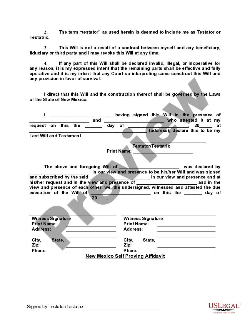 Preview Last Will and Testament with All Property to Trust called a Pour Over Will