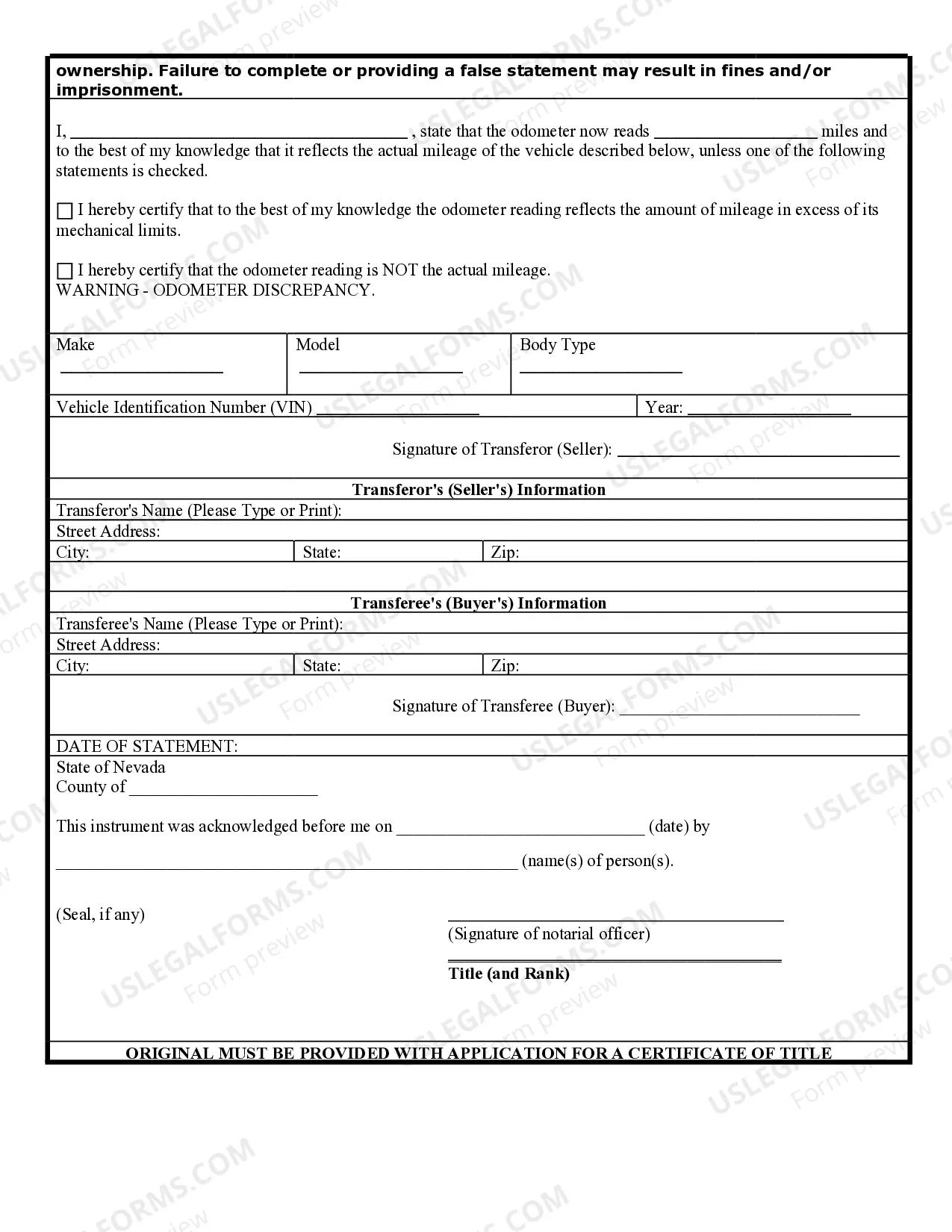 Preview Bill of Sale for Automobile or Vehicle including Odometer Statement and Promissory Note