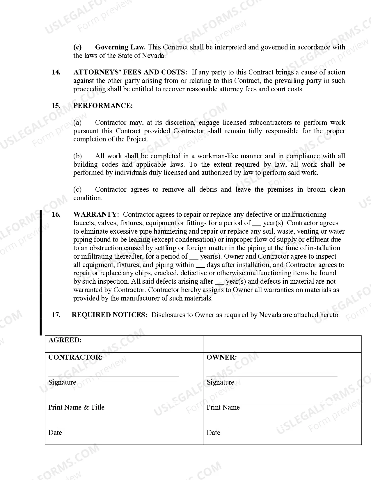 Preview Plumbing Contract for Contractor