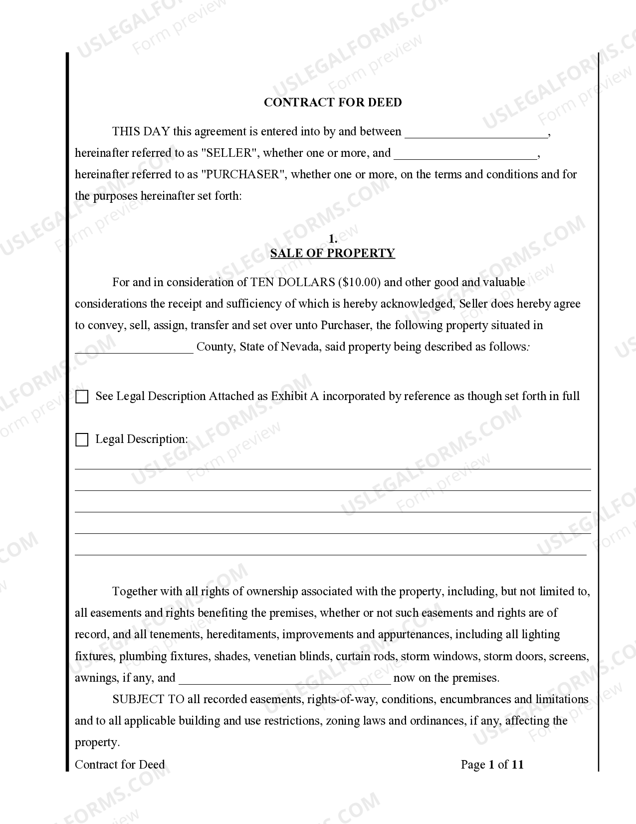 Nevada Agreement or Contract for Deed for Sale and Purchase of Real