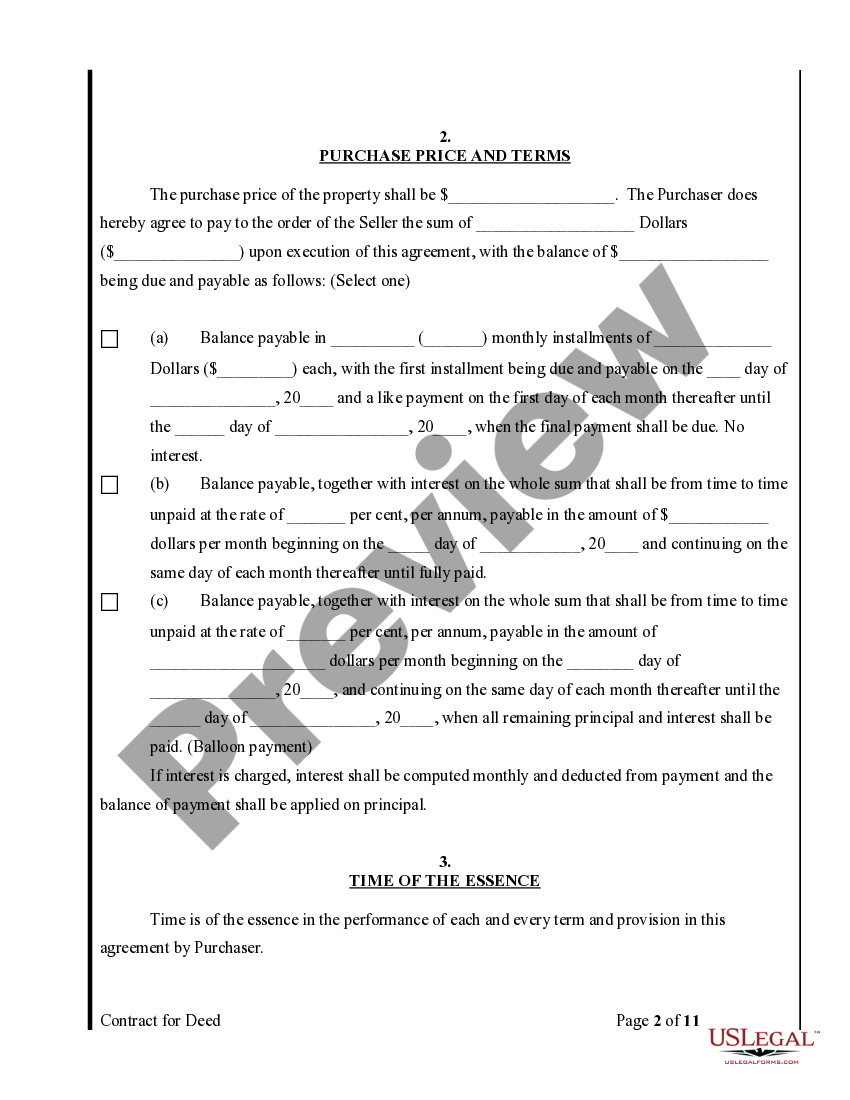 Nevada Agreement or Contract for Deed for Sale and Purchase of Real Estate a/k/a Land or