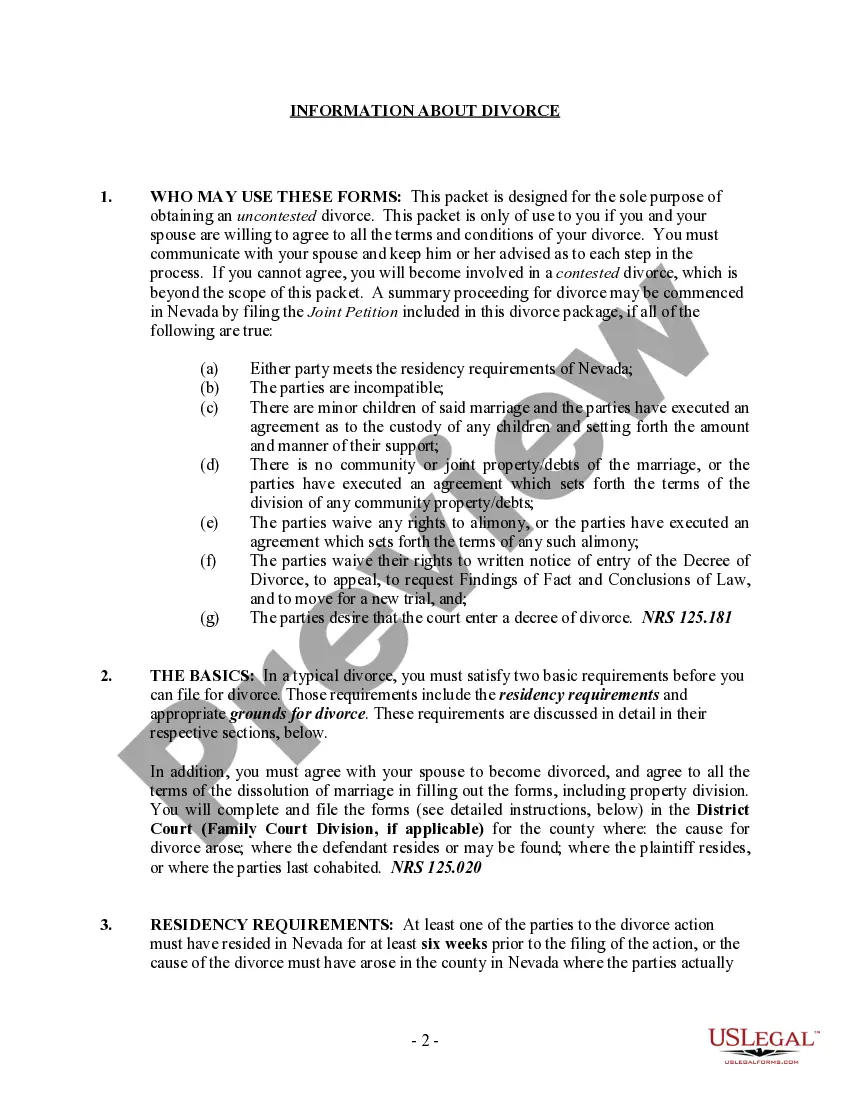 Get Nevada No-Fault Agreed Uncontested Divorce Package for Dissolution of Marriage for people with Minor Children Preview Nevada No-Fault Agreed Uncontested Divorce Package for Dissolution of Marriage for people with Minor Children