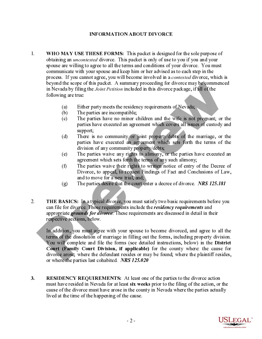 Preview Nevada No-Fault Agreed Uncontested Divorce Package for Dissolution of Marriage for Persons with No Children with or without Property and Debts