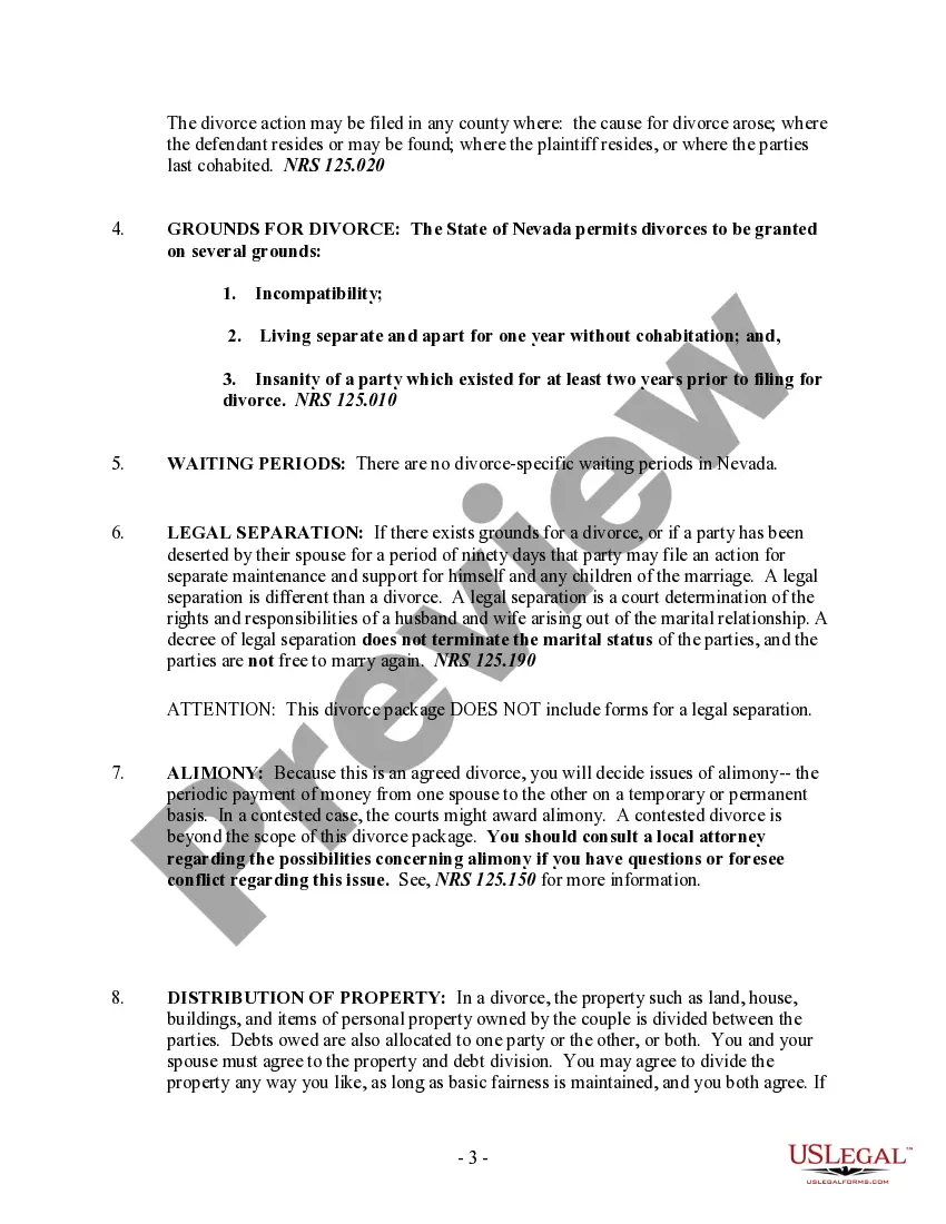 Preview Nevada No-Fault Agreed Uncontested Divorce Package for Dissolution of Marriage for Persons with No Children with or without Property and Debts