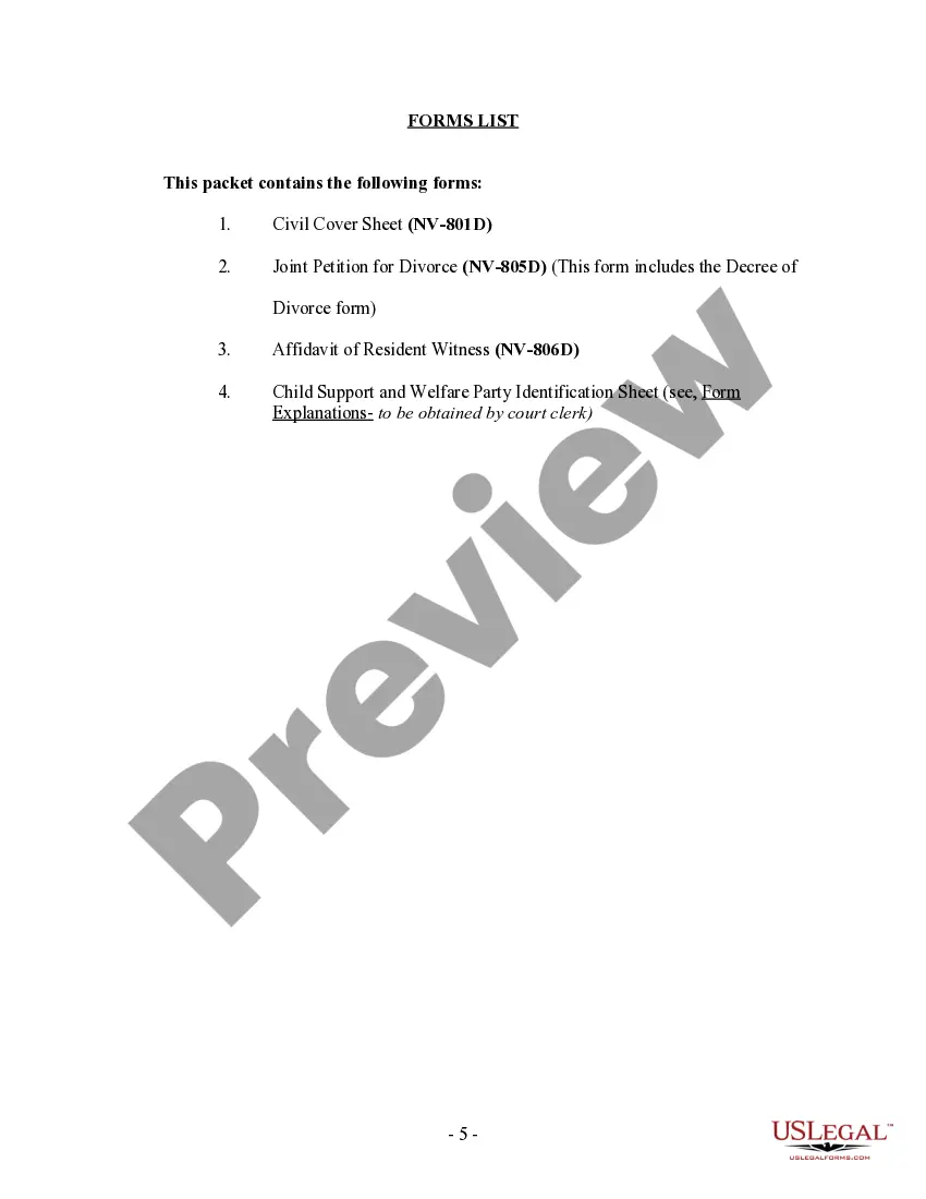 Preview Nevada No-Fault Agreed Uncontested Divorce Package for Dissolution of Marriage for Persons with No Children with or without Property and Debts