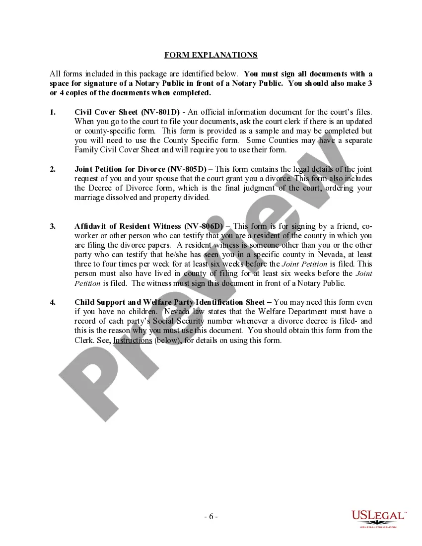 Preview Nevada No-Fault Agreed Uncontested Divorce Package for Dissolution of Marriage for Persons with No Children with or without Property and Debts