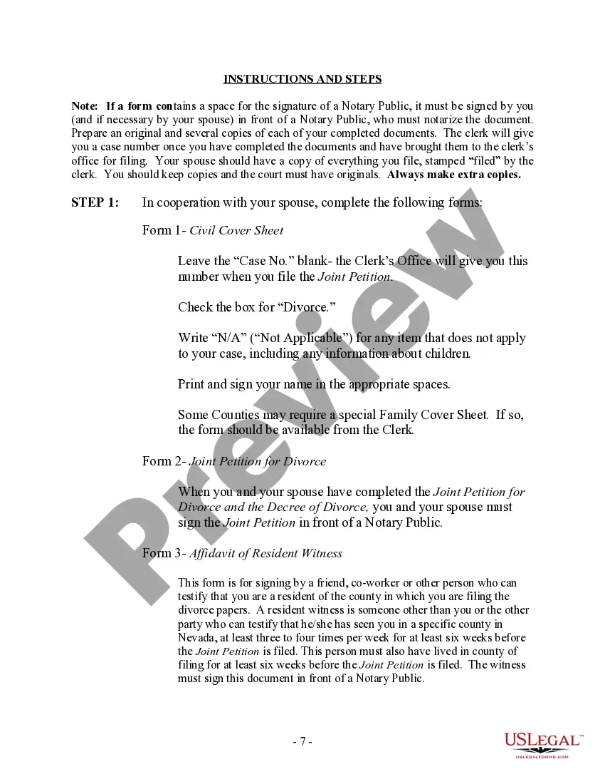 Preview Nevada No-Fault Agreed Uncontested Divorce Package for Dissolution of Marriage for Persons with No Children with or without Property and Debts