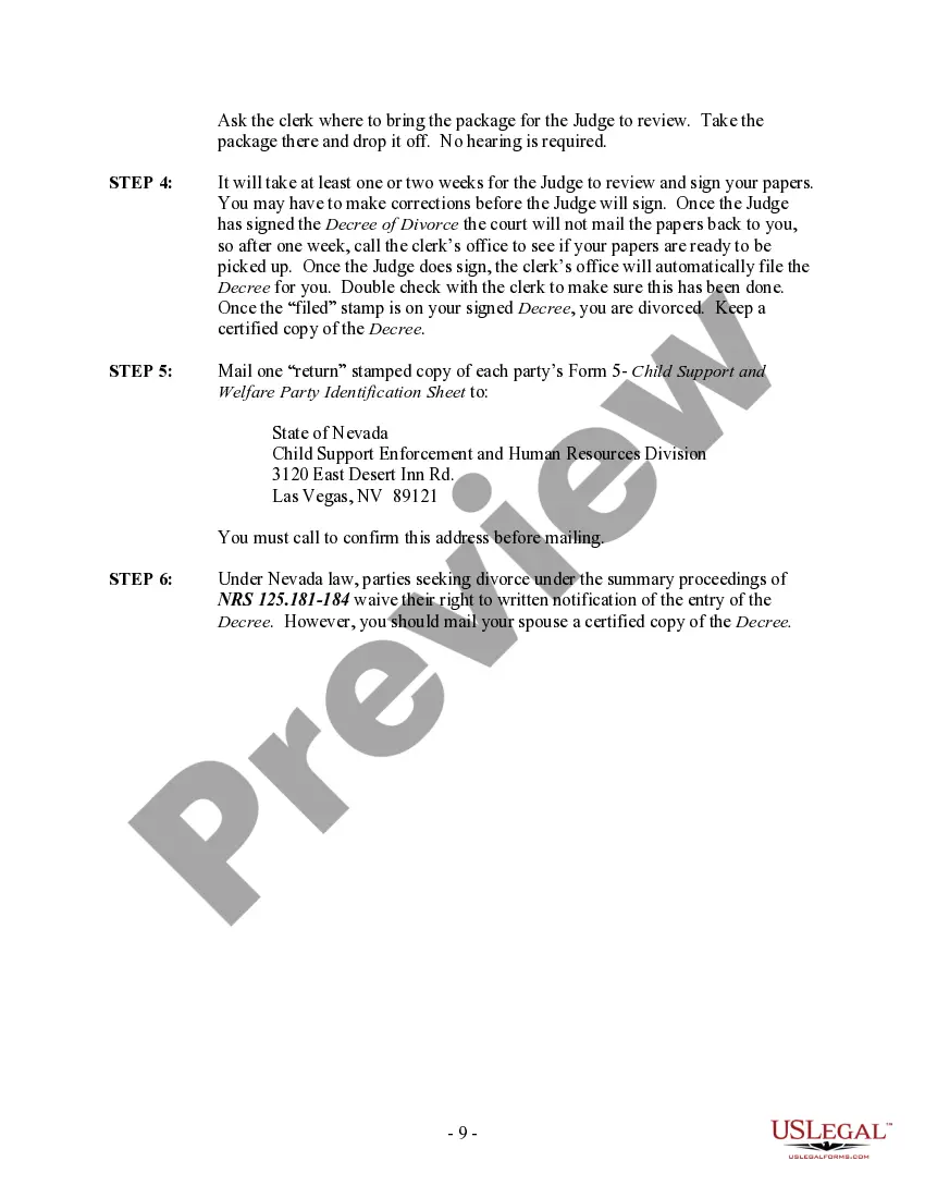Preview Nevada No-Fault Agreed Uncontested Divorce Package for Dissolution of Marriage for Persons with No Children with or without Property and Debts