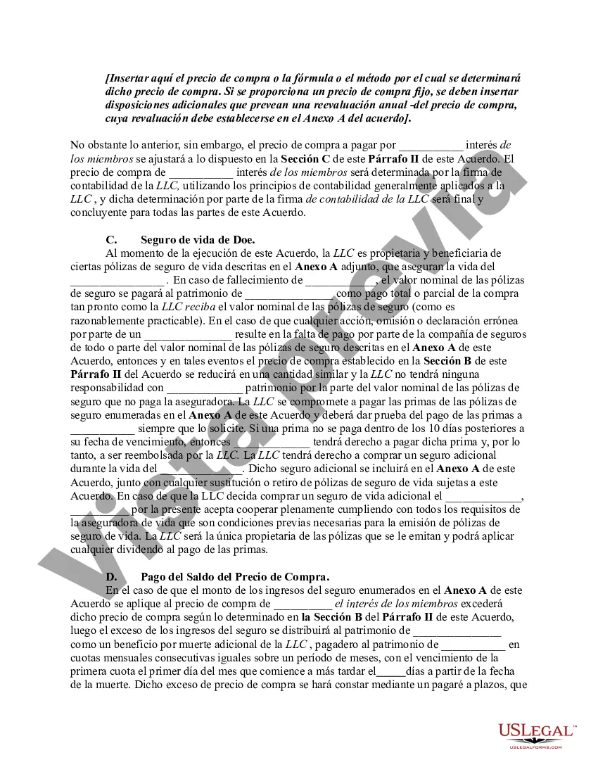 Preview Acuerdo de compra, venta o compra que cubre el interés de los miembros en una compañía de responsabilidad limitada - LLC con una opción para financiar la compra a través de un seguro de vida
