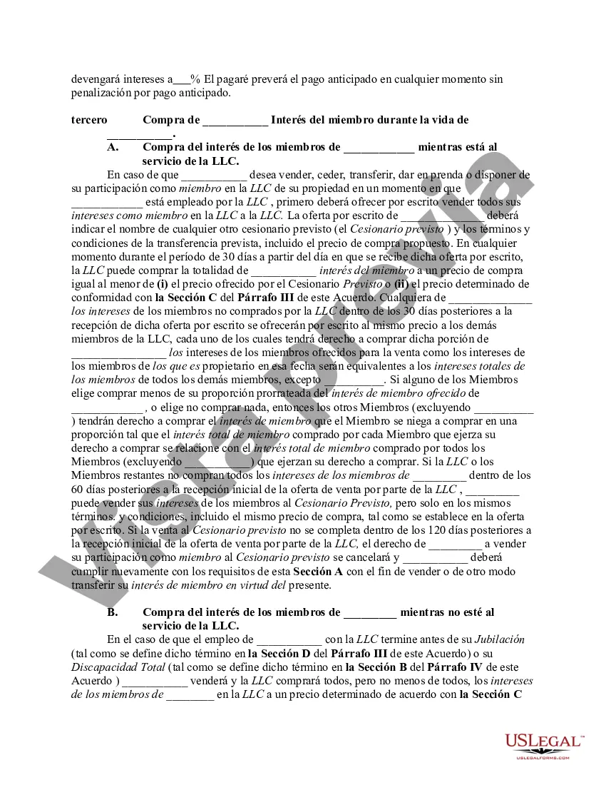 Preview Acuerdo de compra, venta o compra que cubre el interés de los miembros en una compañía de responsabilidad limitada - LLC con una opción para financiar la compra a través de un seguro de vida