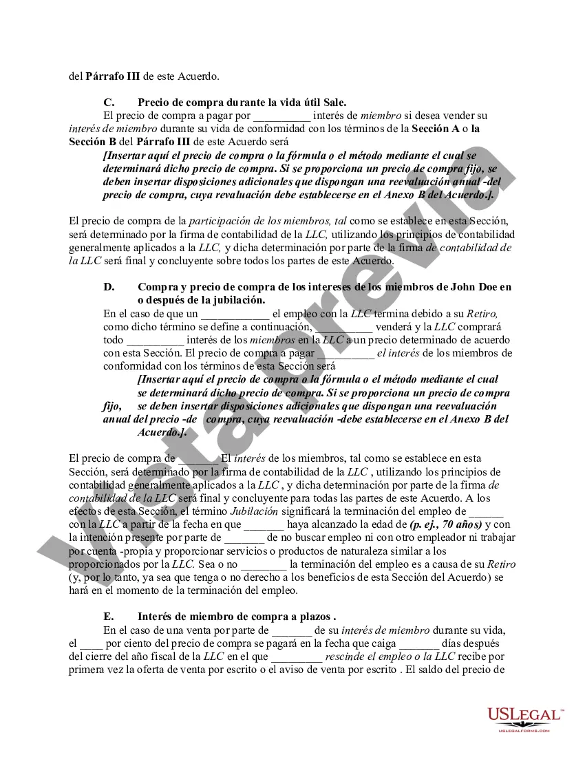 Preview Acuerdo de compra, venta o compra que cubre el interés de los miembros en una compañía de responsabilidad limitada - LLC con una opción para financiar la compra a través de un seguro de vida