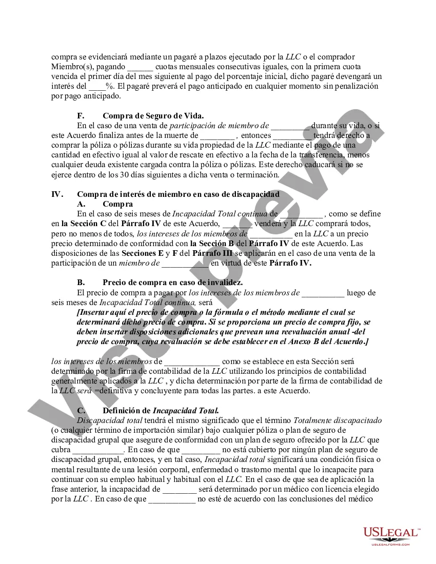 Preview Acuerdo de compra, venta o compra que cubre el interés de los miembros en una compañía de responsabilidad limitada - LLC con una opción para financiar la compra a través de un seguro de vida