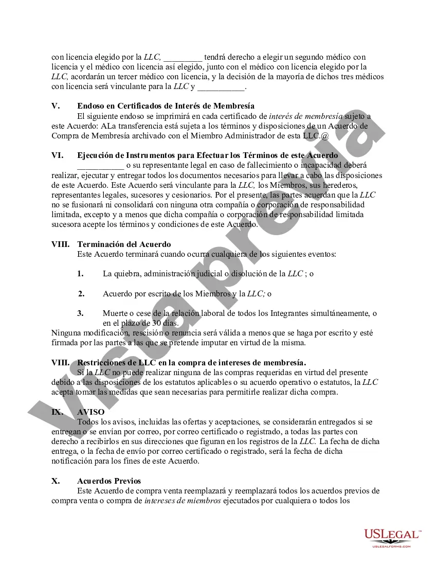 Preview Acuerdo de compra, venta o compra que cubre el interés de los miembros en una compañía de responsabilidad limitada - LLC con una opción para financiar la compra a través de un seguro de vida