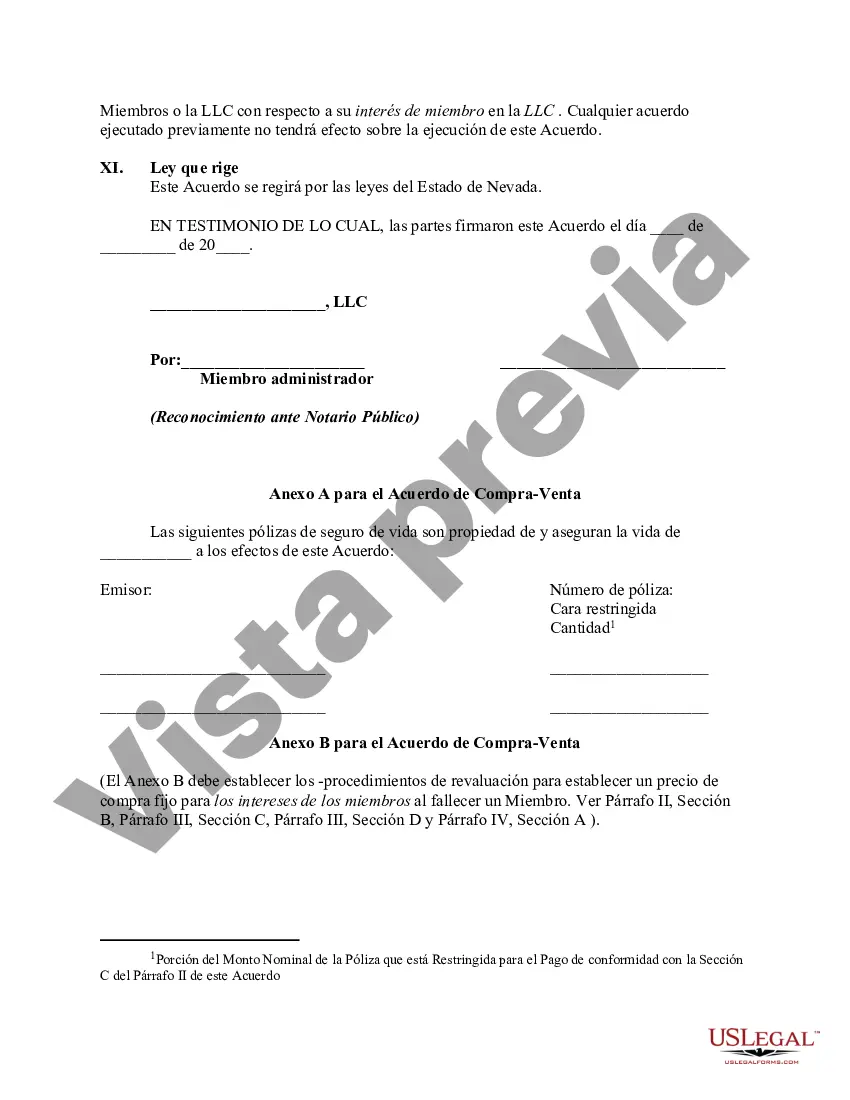 Preview Acuerdo de compra, venta o compra que cubre el interés de los miembros en una compañía de responsabilidad limitada - LLC con una opción para financiar la compra a través de un seguro de vida