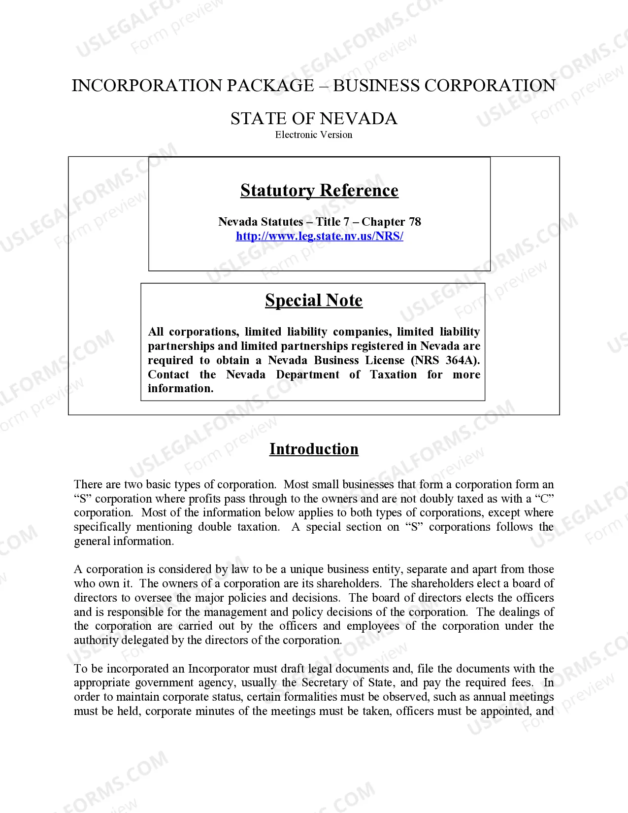 Preview Nevada Business Incorporation Package to Incorporate Corporation
