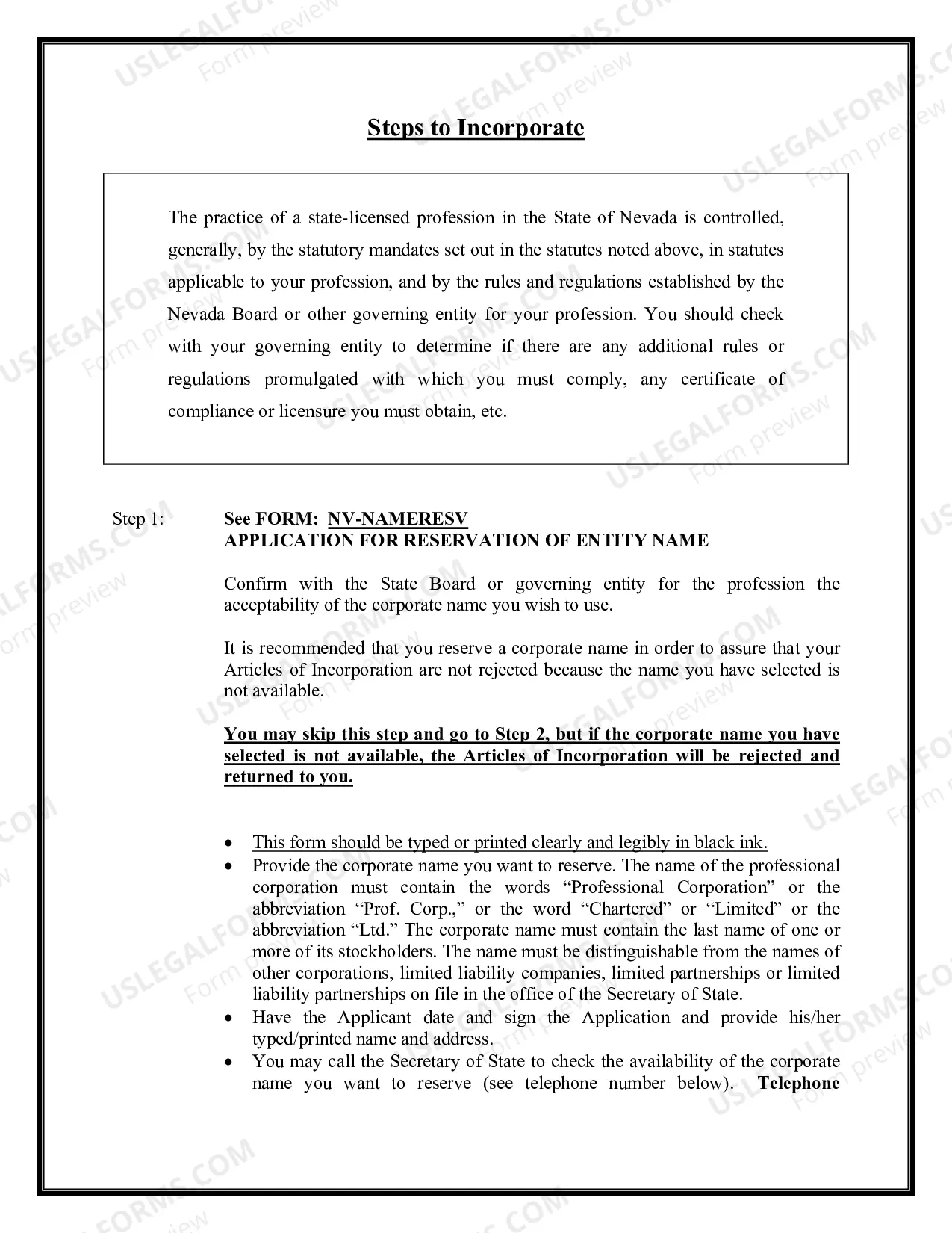 Preview Professional Corporation Package for Nevada