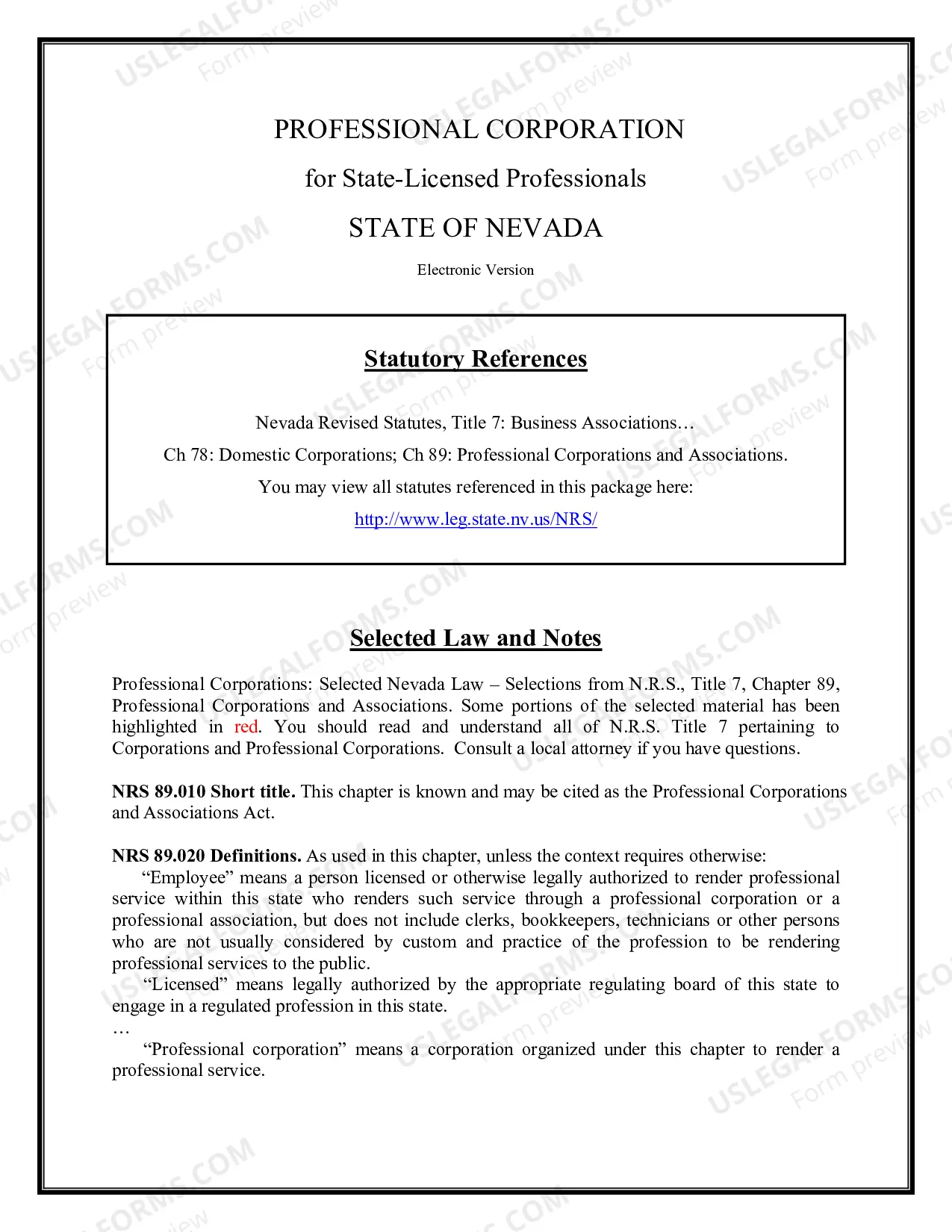 Preview Professional Corporation Package for Nevada