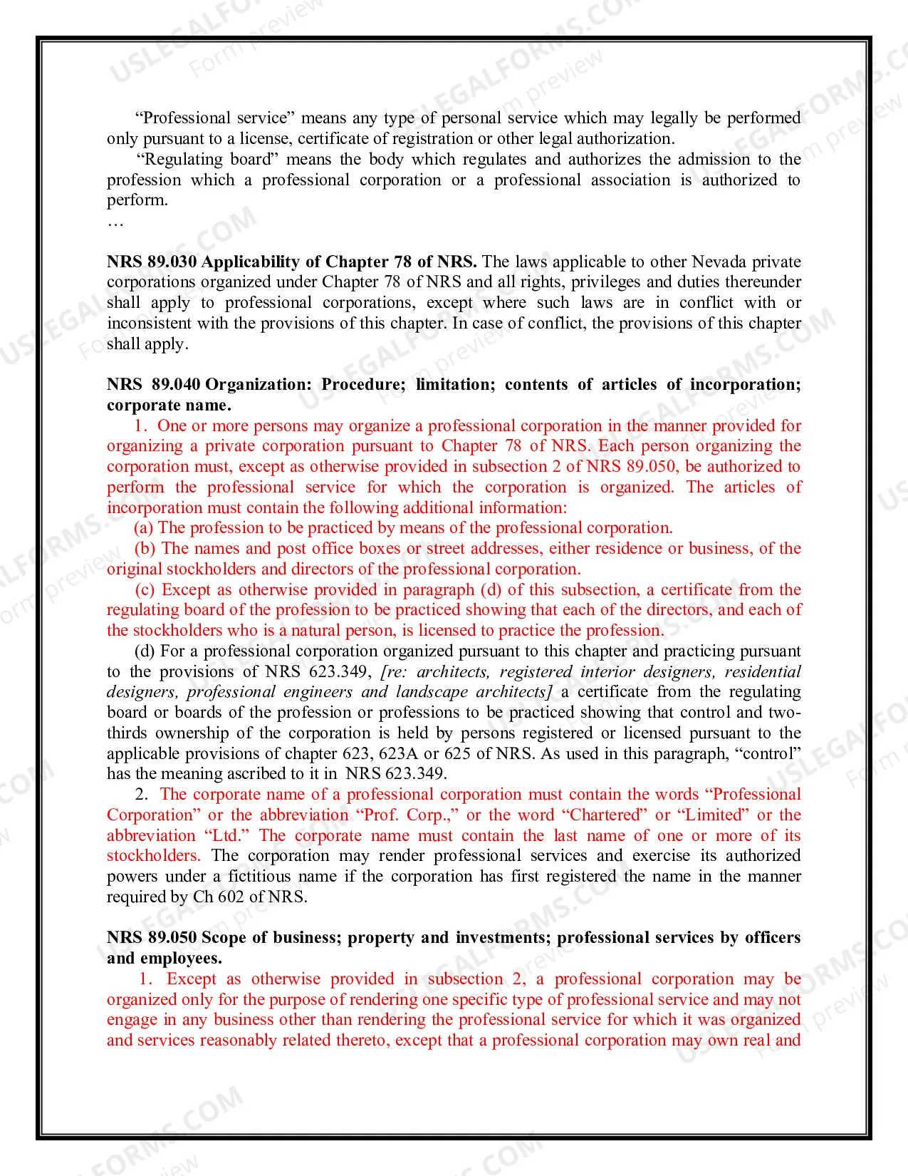 Preview Professional Corporation Package for Nevada