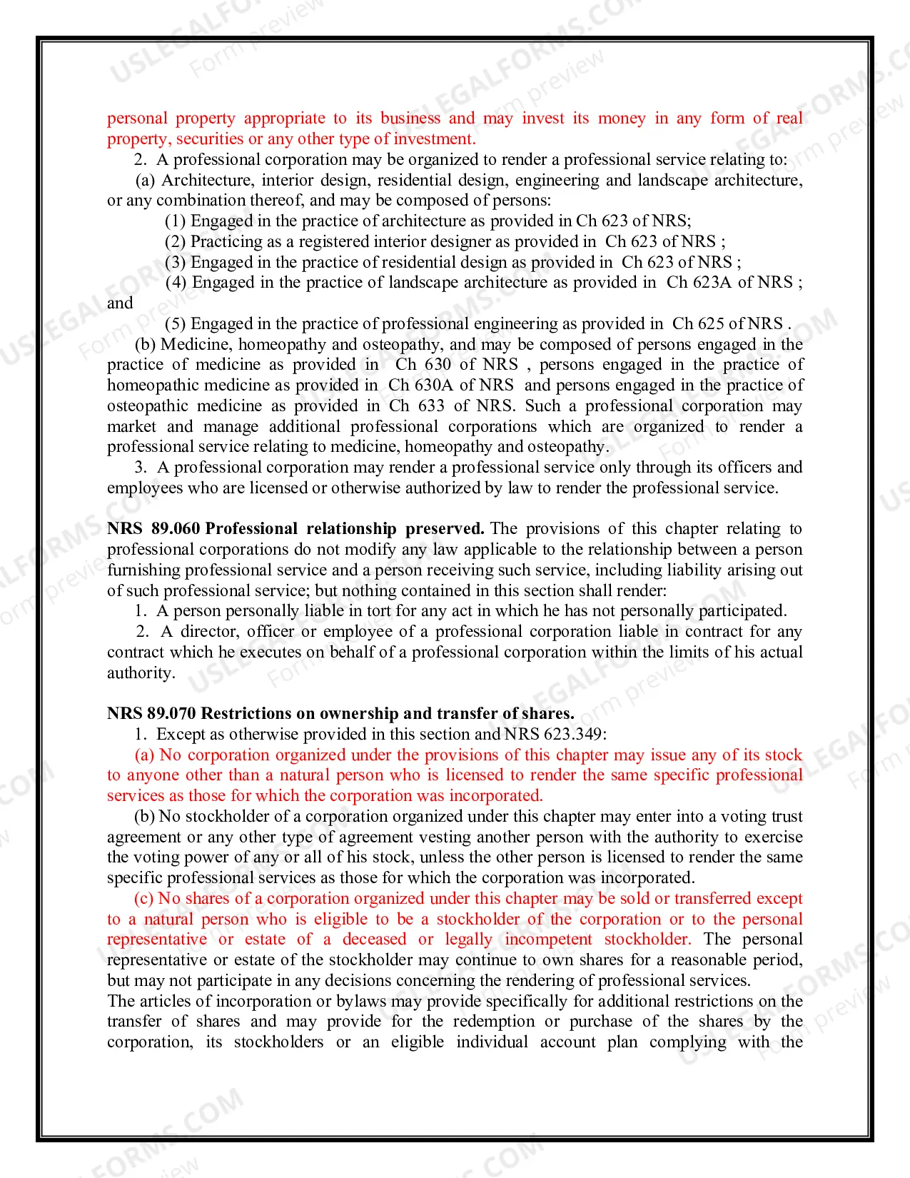 Preview Professional Corporation Package for Nevada