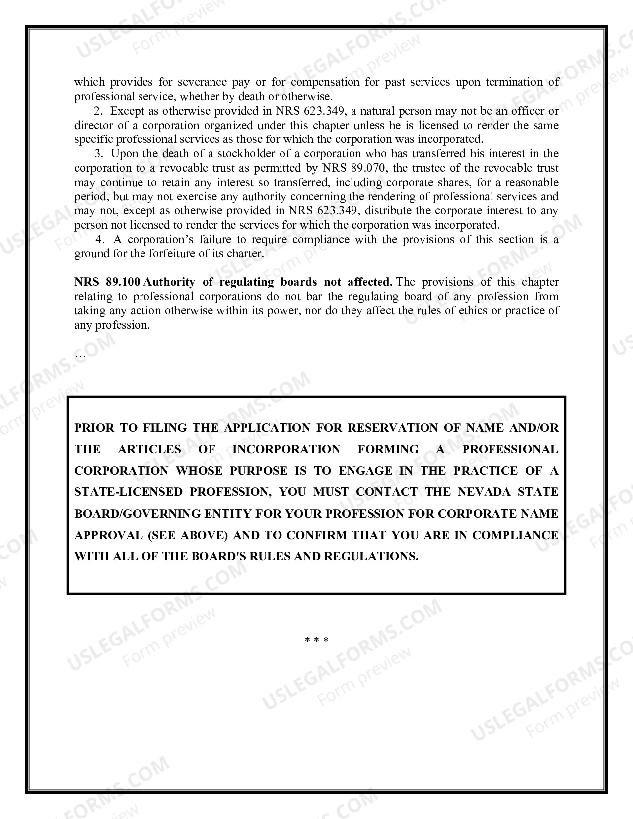 Preview Professional Corporation Package for Nevada