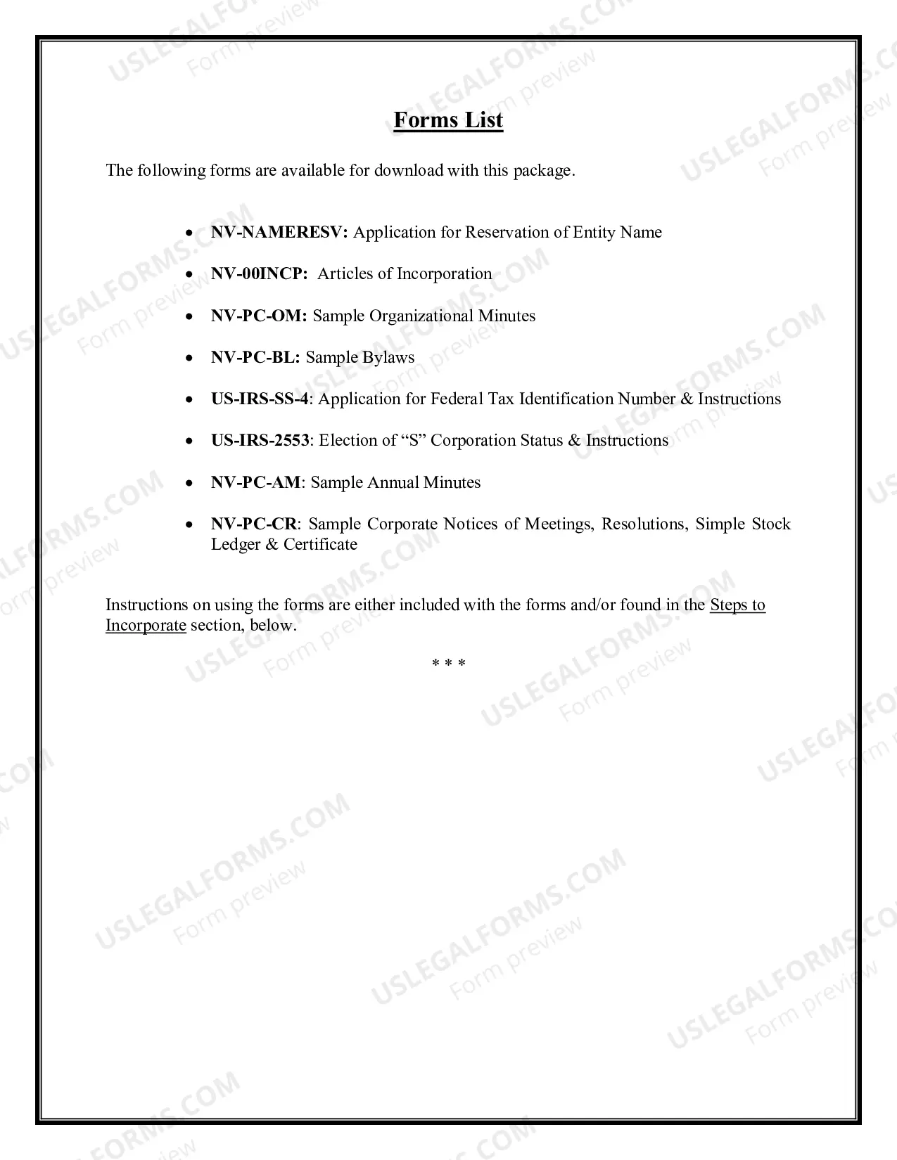 Preview Professional Corporation Package for Nevada