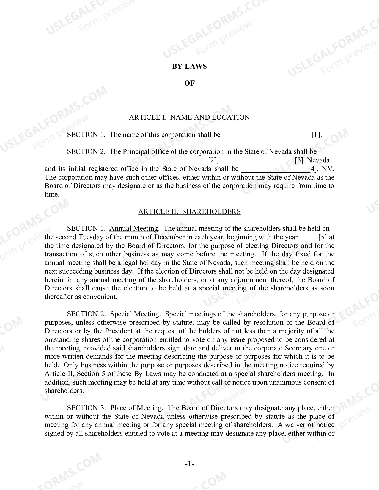 Preview Nevada Bylaws for Corporation