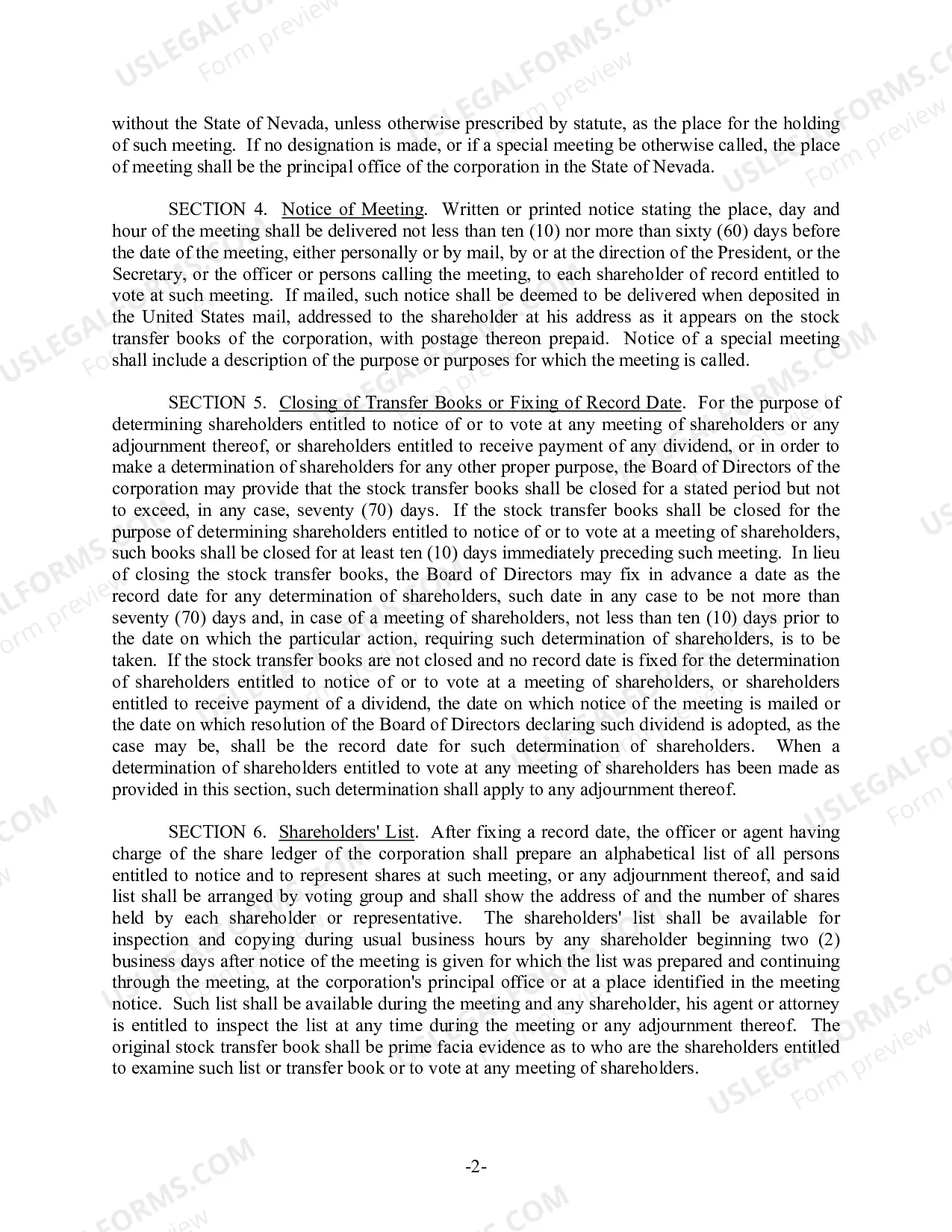 Preview Nevada Bylaws for Corporation