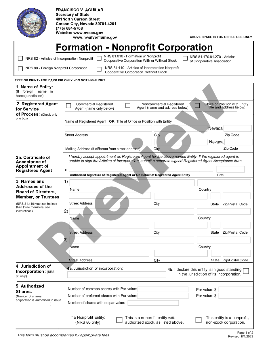 page 1 Nevada Articles of Incorporation for Domestic Nonprofit Corporation preview