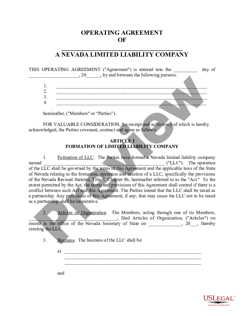 Nevada Limited Liability Company LLC Operating Agreement Llc