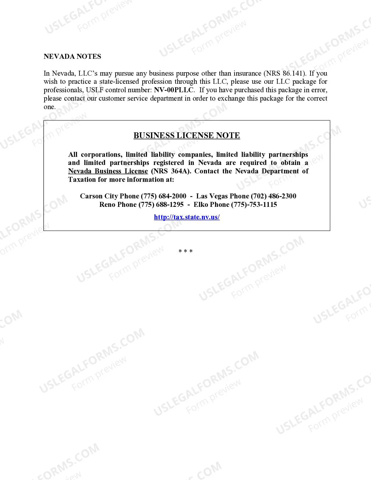 Preview Nevada Limited Liability Company LLC Formation Package