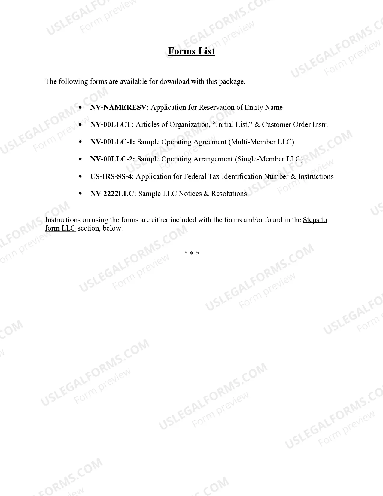 Preview Nevada Limited Liability Company LLC Formation Package