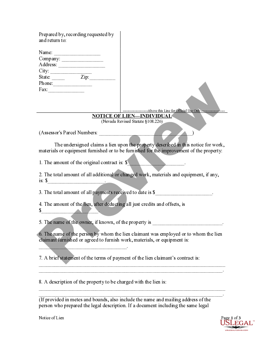 Nevada Notice of Lien Individual Mechanics Lien US Legal Forms