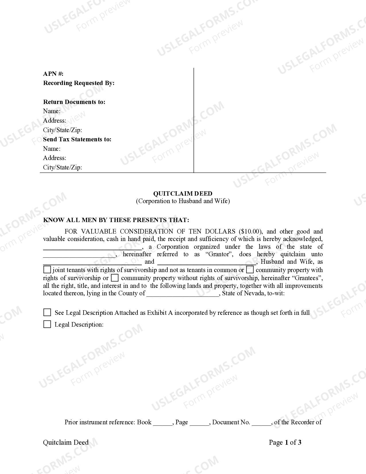Nevada Quitclaim Deed from Corporation to Husband and Wife | US Legal Forms