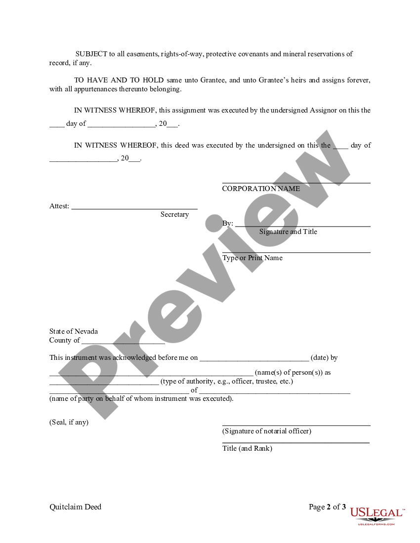 Clark Nevada Quitclaim Deed from Corporation to Individual | US Legal Forms