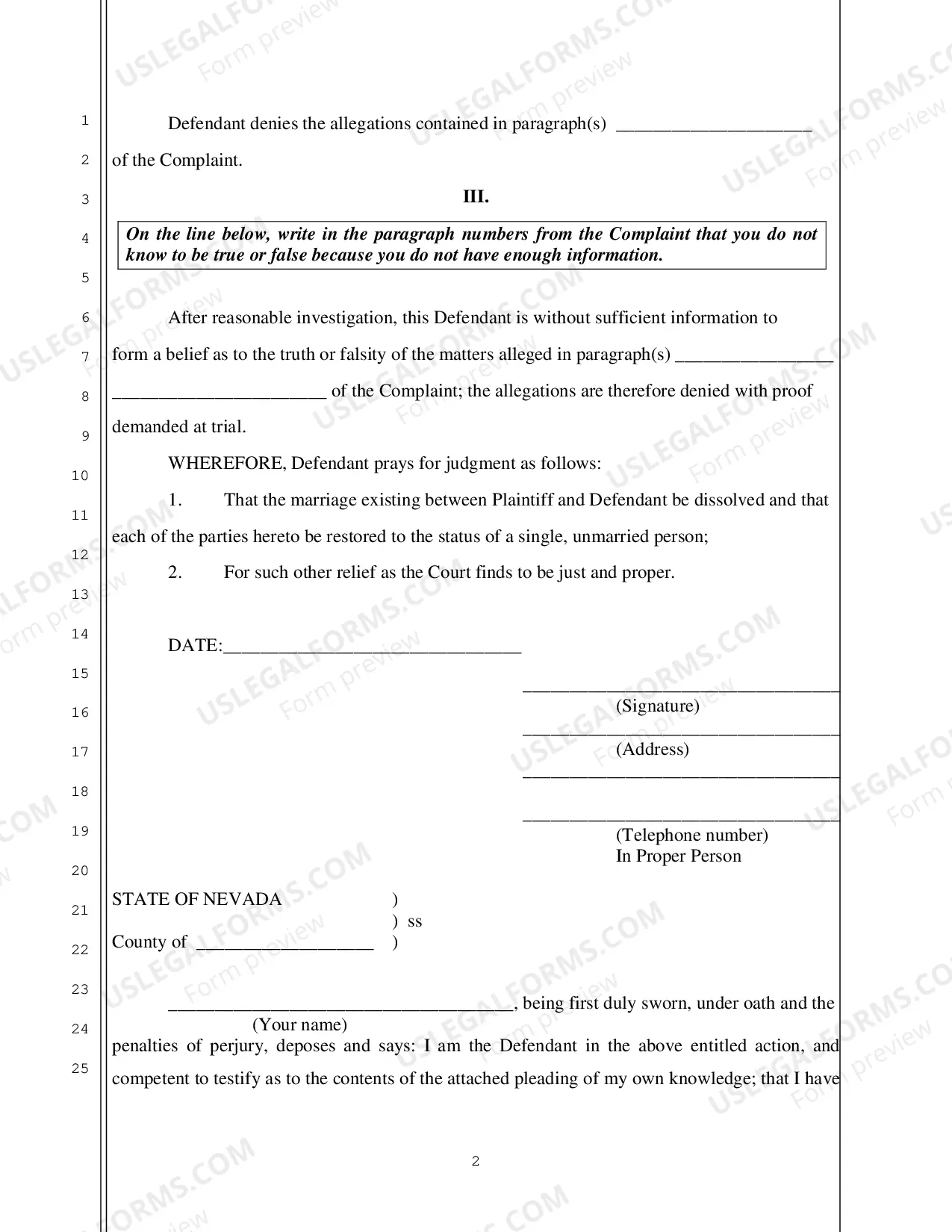 Preview Answer to Complaint for Divorce (No Counterclaim)