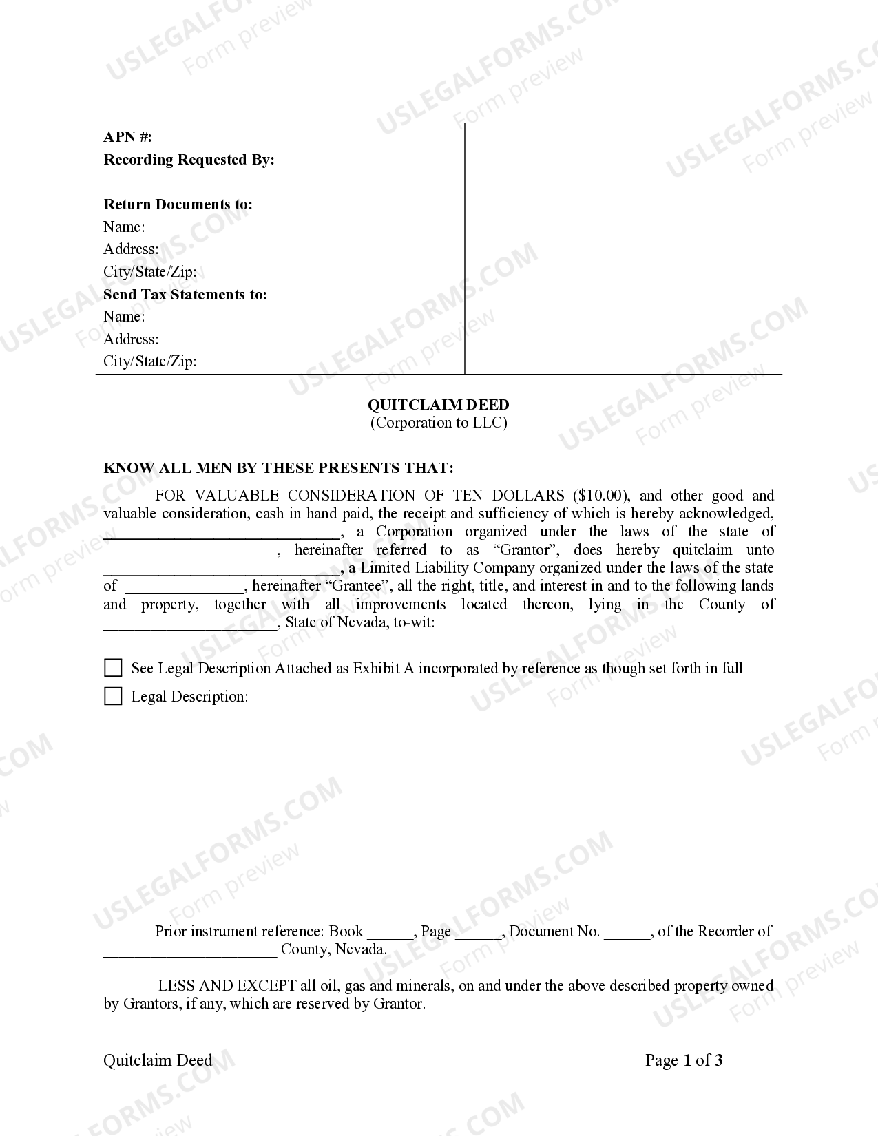 Nevada Quitclaim Deed from Corporation to LLC Nevada Quitclaim Deed
