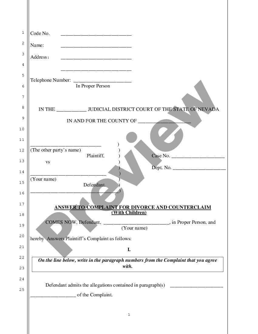 Nevada Counterclaim For Child Custody | US Legal Forms