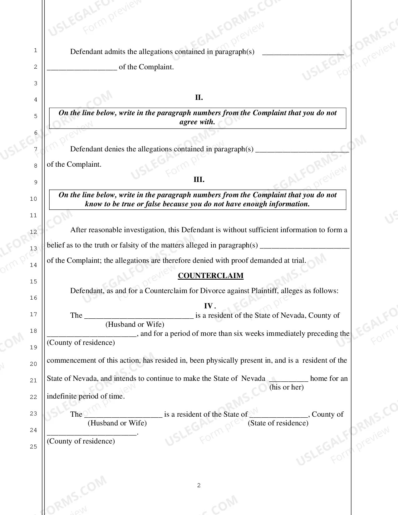 Preview Answer to Complaint to Divorce and Counterclaim no Children