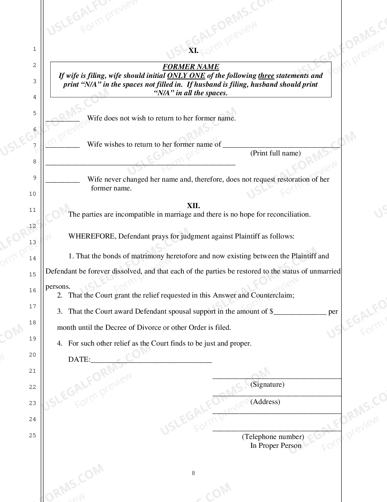 Preview Answer to Complaint to Divorce and Counterclaim no Children