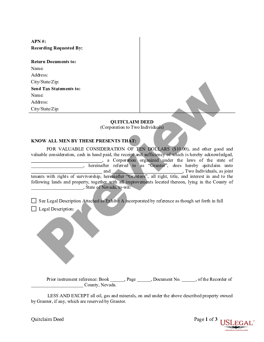 Nevada Quitclaim Deed From Corporation To Two Individuals US Legal Forms   1 