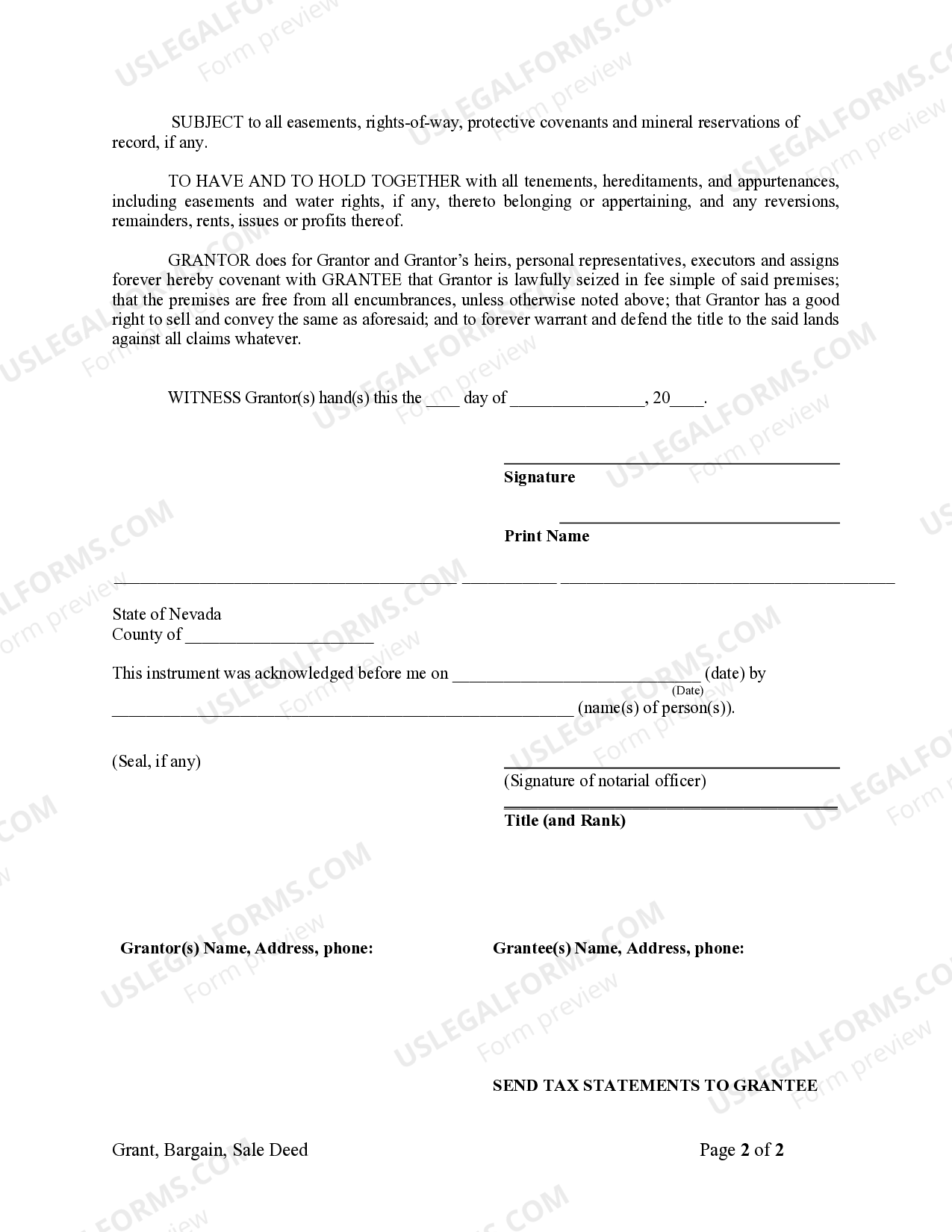 Las Vegas Nevada Grant, Bargain, Sale Deed from Individual to a Trust