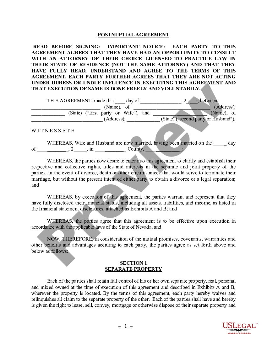 Postnuptial Property Agreement Nevada Postnuptial Agreement Us Legal Forms 2144