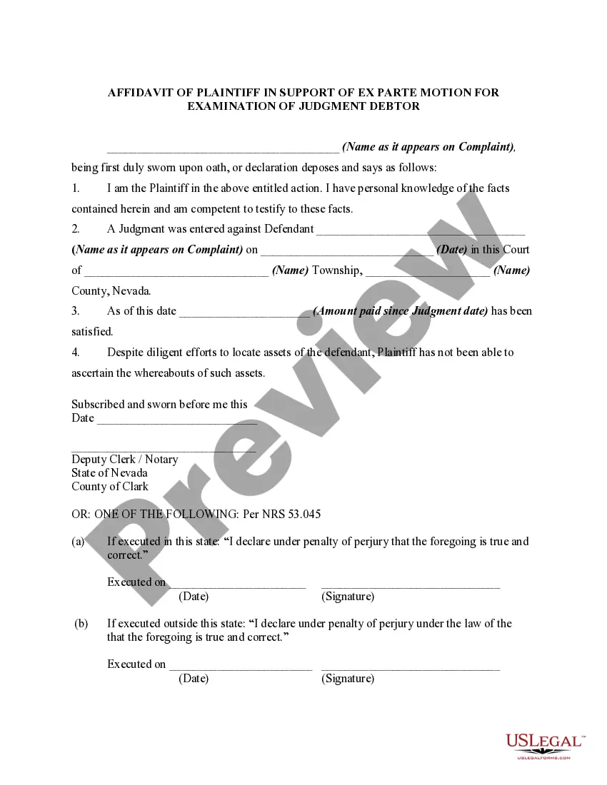 Preview Motion for Order Allowing Examination of Judgment Debtor with Supporting Affidavit